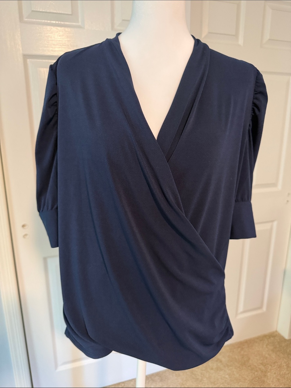 White House Black Market Navy Faux-Wrap V-Neck Blouse